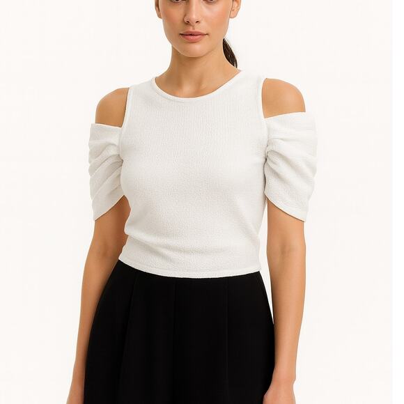 Club Monaco Ruffle Cold Shoulder Crop Top White Textured XS Coquette Fall Layer - Picture 1 of 7